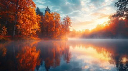 Autumn foliage surrounding a misty lake during a peaceful sunrise