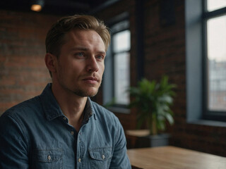 Pensive man sits in a coworking loft, contemplating ideas and future goals while gazing out at the rainy cityscape.