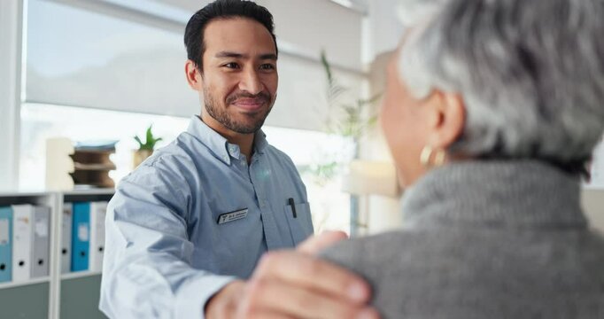 Healthcare, support and doctor with patient, clinic and communication for checkup, help and smile. Hospital, talking and medical professional with person, empathy and consultation for diagnosis