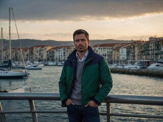 Man in his thirties gazing at the sunset over a tranquil harbor with boats and colorful buildings in the background.