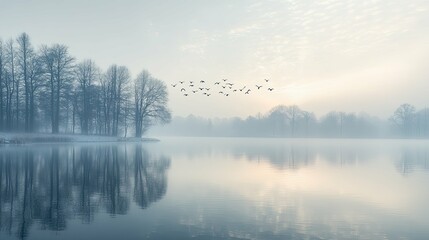 Fototapeta premium A Flock of Birds Flying Over a Misty Lake and a Shoreline of Bare Trees