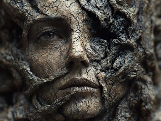 Woman Transformed into Tree Bark: A Surreal Portrait