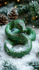 Fototapeta premium Coiled green snake in snowy pine forest with holiday lights