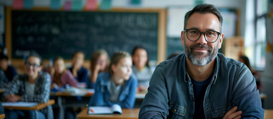 Candid school class portrait of a male teacher in a classroom