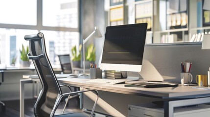 Modern office desk setup with computer, ergonomic chair, and office supplies in a bright workspace. Productivity and design concept.