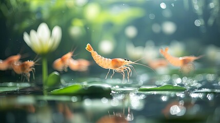 A Single Orange Shrimp Leaps Over Lily Pads in a Pond