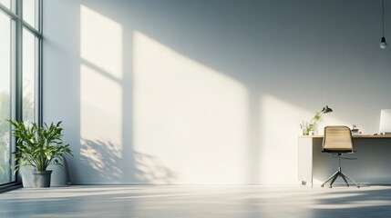 Open space office bathed in sunlight, with a blank light grey wall, elegant modern items, and sleek architectural design, realistic background