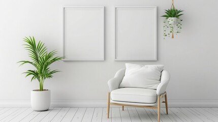 Minimalist living room with a white armchair, two empty frames, and a potted plant.