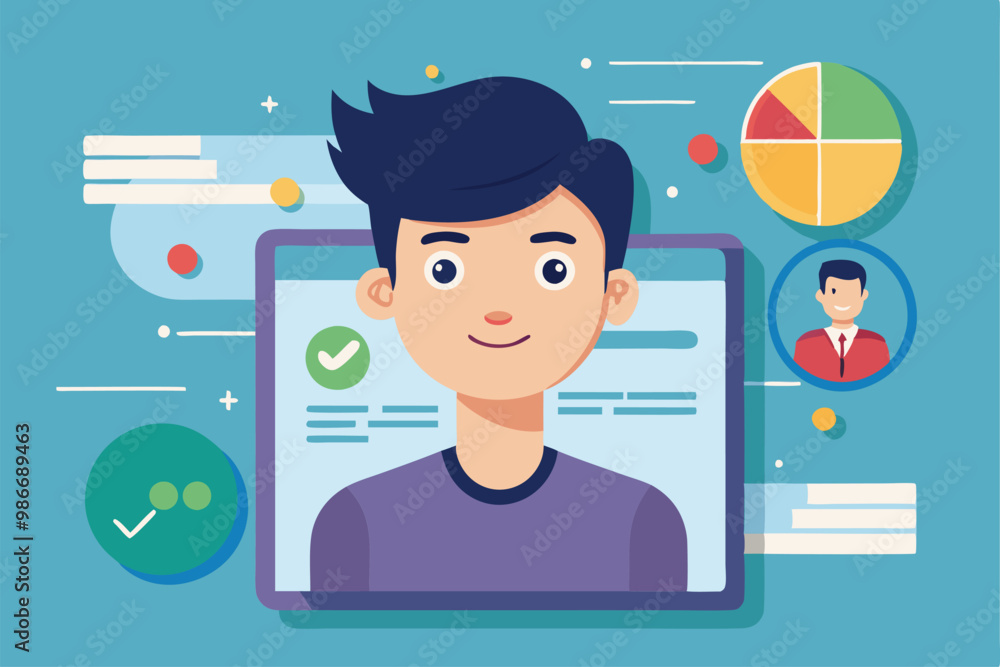Poster a vibrant cartoon character showcases a customizable profile setup with data visuals and user icons,