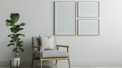 A cozy living room with a gray armchair, a potted plant, and three blank frames on a white wall.