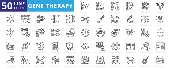 Gene therapy icon set with therapy, genetic disorder, dna, editing, transgene, viral victor, non, transfer, delivery and expression.