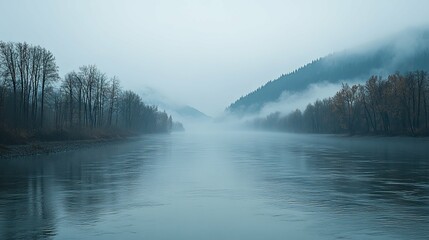 Misty River Valley with Fog Enveloped Trees