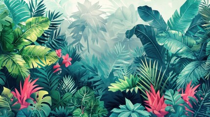 Artistic watercolor scene of a dense cycad jungle with vibrant tropical foliage and soft light filtering through. Prehistoric plants, prehistoric botanicals concept.