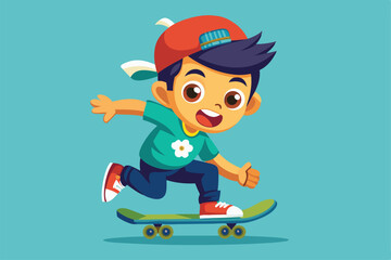 A young boy in a playful outfit is joyfully riding a skateboard against a vibrant blue backdrop, Customizable cartoon illustration for skateboarding.