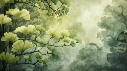 Watercolor illustration of an ancient ginkgo tree with delicate leaves and a soft green backdrop. Prehistoric plants, prehistoric botanicals concept.