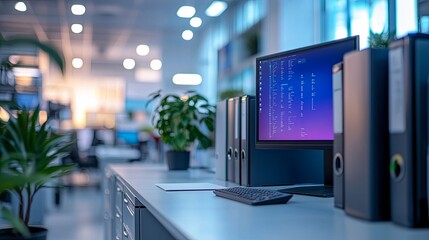 Fototapeta premium Modern Office Desk with Computer, Keyboard, and File Folders