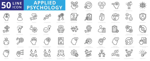 Applied psychology icon set with cognition, emotion, perception, motivation, learning, memory, personality, stress, anxiety and depression.