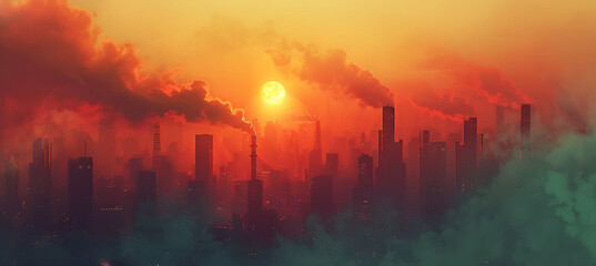 Ai air quality management within environmental monitoring illustrated in an abstract composition where AI predicts pollution levels and monitors emissions