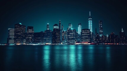 Fototapeta premium A City Skyline Illuminated at Night with Reflections on the Water