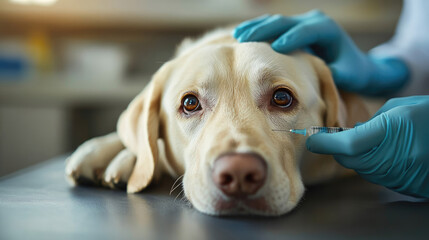 A dog is being given a shot by a veterinarian. The dog is laying on a table and he is in pain. The veterinarian is wearing gloves and is holding a syringe