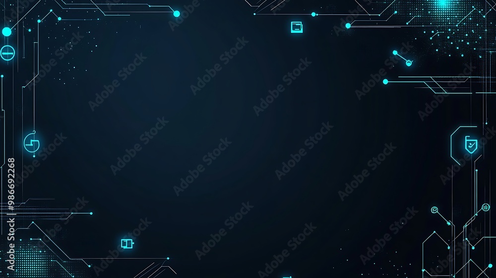 Poster abstract dark blue background with glowing turquoise circuit board frame.