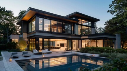 Fototapeta premium Modern home with a swimming pool in the backyard. The home is lit up from the inside, and the pool reflects the lights. The home is surrounded by trees.