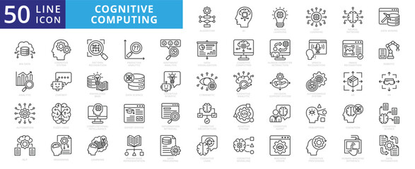 Cognitive computing icon set outline vector collection. Containing algorithm, ai, machine learning, deep learning, neural network icons.