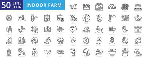Indoor farm icon set outline vector collection. Containing agriculture, hydroponic, aquaponic, aeroponic, greenhouse, vertical farming icons.