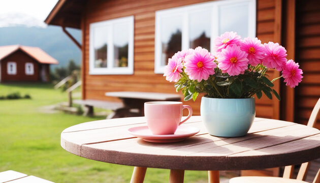 pink ceramic glass near pink flower poy on round wooden table in the morning