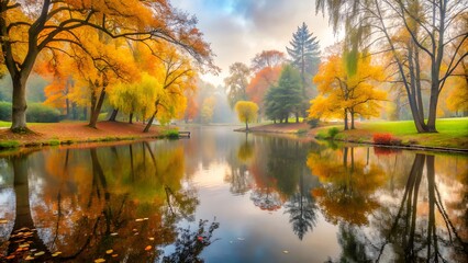 Obraz premium View of beautiful colorful autumn forest with a reflection across the lake at dawn