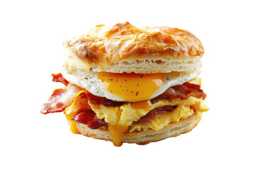 Close-up of a savory breakfast sandwich with crispy bacon, fried egg, scrambled eggs, and melted cheese on a biscuit. Cut out or PNG.