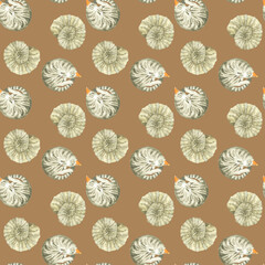 アンモナイトとアンモニャイトのパターン　猫と化石の手描き水彩イラスト素材 © 一色いっさ