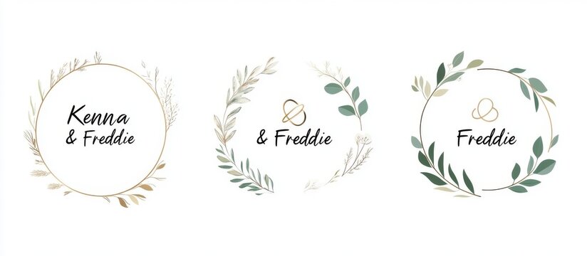 Set of elegant wedding logo designs featuring the names “Kenna & Freddie” and “Emily & Dave” in a circular frame with geometric leaves, rings, and plant elements, in gold and green tones on a white ba