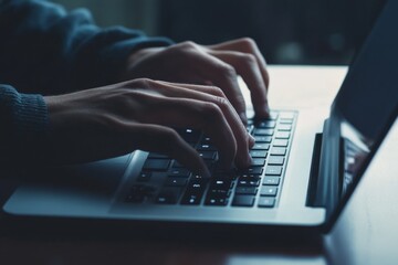 Focused individual typing on a laptop, representing detailed work in business technology or online writing, with one hand on the keyboard and the other hovering above it.