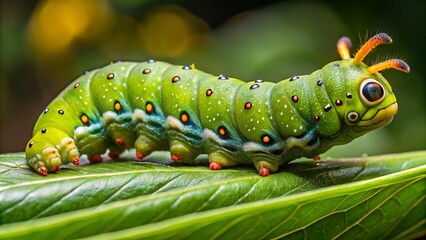 On a leaf, a spotted hawk moth larva's green body blends in, a prominent horn standing out like