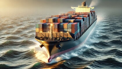 A large cargo ship navigating through the ocean, with shipping containers stacked high on its deck.