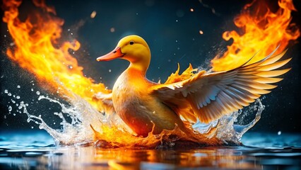 Orange and yellow duck with flames on its body and wings, splashing in water