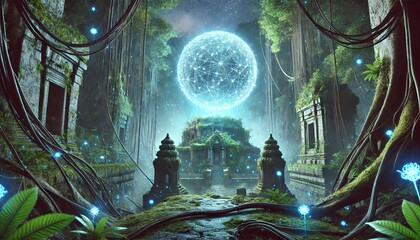 The futuristic network sphere is now floating above an ancient, mystical temple deep within a dense jungle.