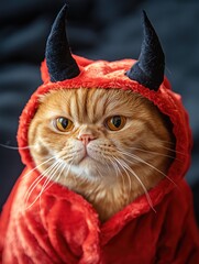 fat orange cat wearing a devil halloween costume