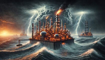 Industrial Oil Refinery on Floating Platform Above a Stormy Ocean with Lightning