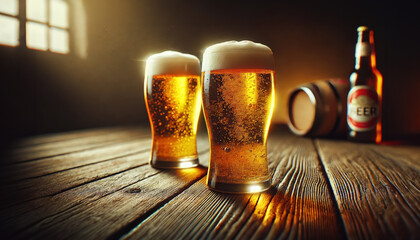 Close-up shot of two frothy glasses of golden beer placed on a rustic wooden table.