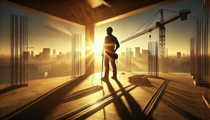 A construction worker silhouette standing on a building site at sunrise