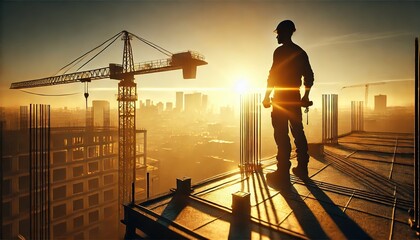 A construction worker silhouette standing on a building site at sunrise