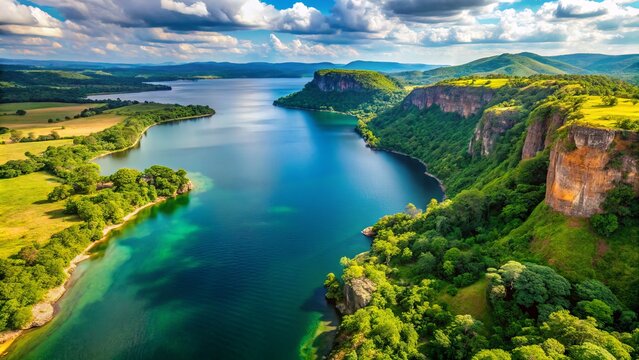 Overcast sky reflected majestically in the azure waters of Lake Nyasa, surrounded by lush green shores and towering