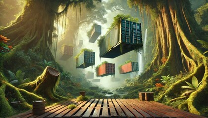 Floating shipping containers, but this time they are suspended in the air above a lush, vibrant jungle, with massive, ancient trees towering around them.