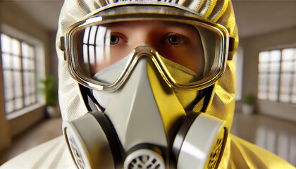 Close-up shot of a person wearing a protective hazmat suit, goggles, and a respirator mask