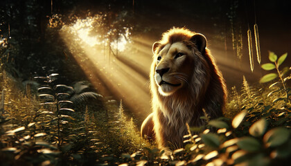 Close-up shot of a majestic lion basking in the warm, golden light of the setting sun.