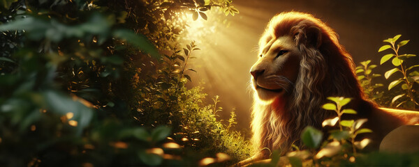 Close-up shot of a majestic lion basking in the warm, golden light of the setting sun.