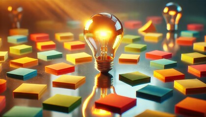 Creative Burst: Illuminated Light Bulb Amidst Colorful Sticky Notes on Reflective Surface for Brainstorming