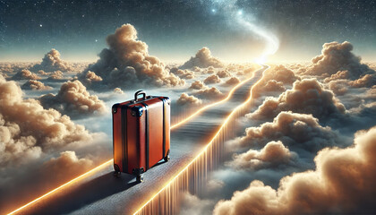 A suitcase with wheels, but this time the suitcase is floating in mid-air above a surreal landscape made of clouds, with a glowing pathway leading through the sky.